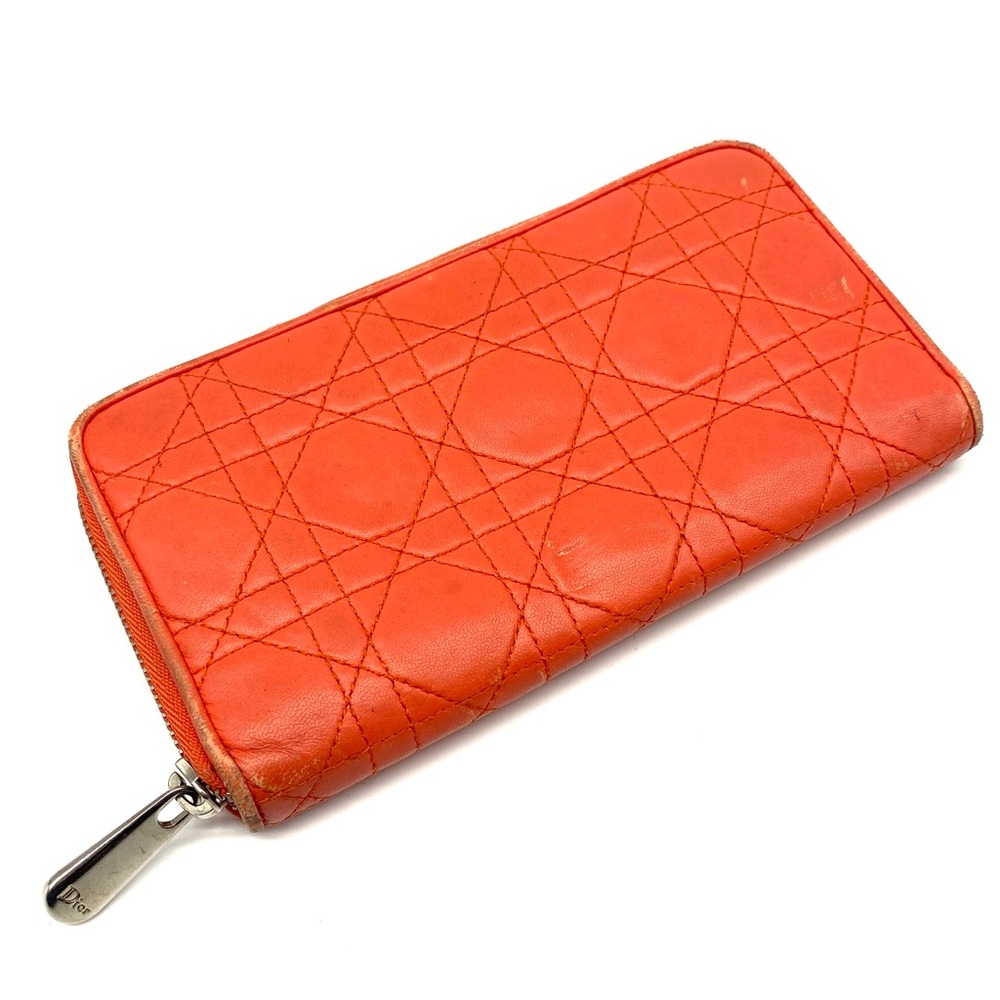 LADY DIOR Orange Coral Leather Iconic Quilted Long Zip Around Wallet Clutch Bag